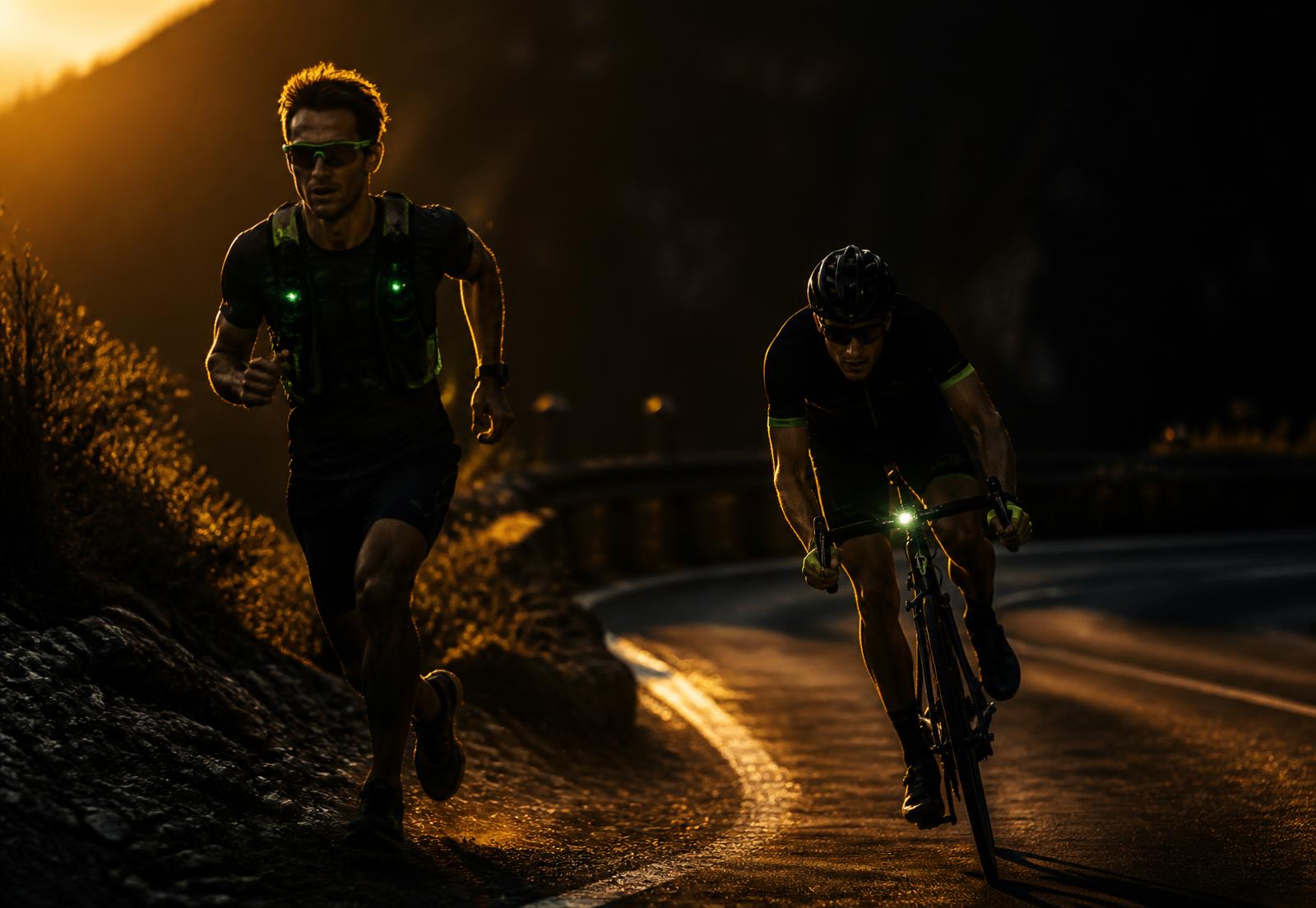 Corredor y ciclista entrenando al atardecer
